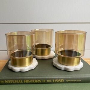 Set Of 3 Mid Century Modern Inspired Mercury Glass & Gold 4 Inch Candle Holders